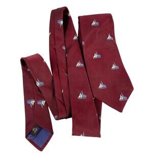A Limited Editions Original, Maroon Silk Tie, Embroidered Sailboats, Vintage